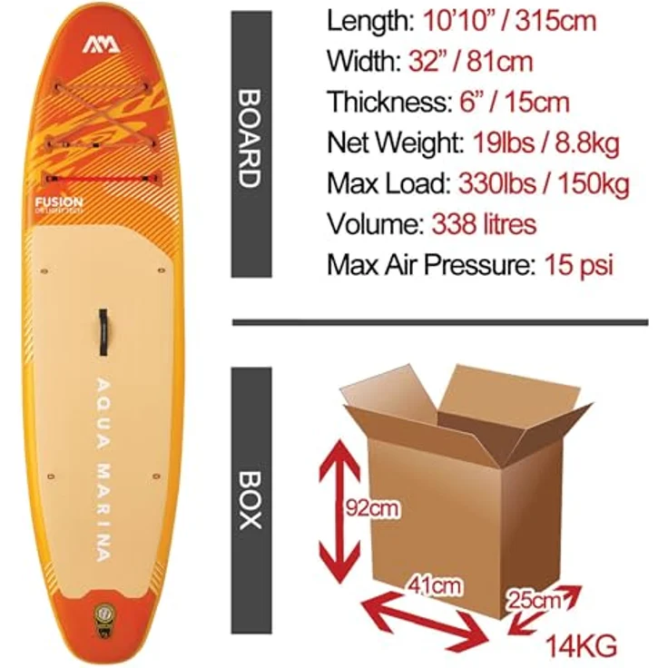 Aqua Marina Fusion Aufblasbares Stand-Up-Paddleboard-Paket, 3 m, mit stabiler Konturenform und komfortablem Sandwellen-EVA-Fußpolster, rot – Bild 4
