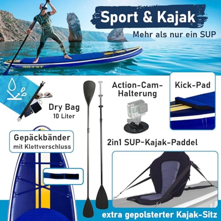 BRAST SUP Board Shark, Aufblasbares Stand up Paddle Set 320x81x15 cm, 200 kg Tragkraft, inkl. 2in1 Paddel, Kajaksitz, Action-Cam-Halterung, 5 Jahre Garantie, 8 Designs – Bild 5