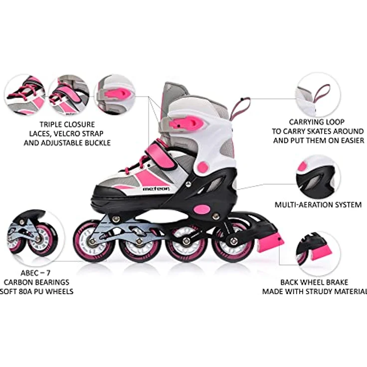 Meteor ROX Inlineskates Kinder, Rollschuhe in M 34-37, rosa/grau, mit Aluminiumrahmen, ABEC-7-Lager und höhenverstellbarer Schale – Bild 2