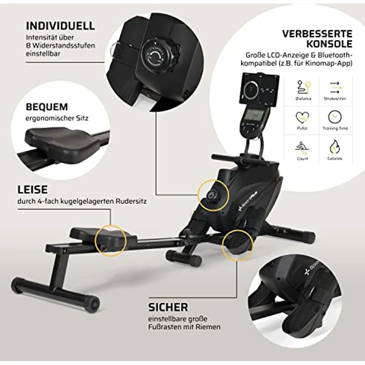 SportPlus Rudergerät für zuhause | Mit oder ohne Bluetooth, klappbar, leises Magnetbremssystem, 8 Widerstandsstufen, Schwungmasse 8kg, kugelgelagerter Rudersitz – Bild 4