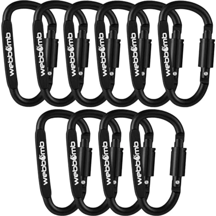 WEBBOMB® Karabinerhaken, 10 Stück bunte Schlüsselanhänger mit Schraubverschluss, 8 cm groß, für Feuerwehr, Sport und Wandern (Schwarz) – Bild 1