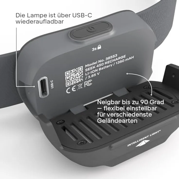 Silva Seek 450, LED Stirnlampe wiederaufladbar mit 450 Lumen, 3 Helligkeitsstufen, Weiß & Rotlicht, IPX5 wasserfest, Akkuanzeige – Bild 2