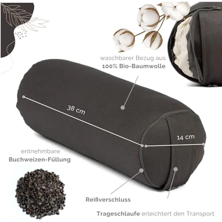 Bodhi Yoga Mini Bolster ECO | Ø 14 cm | 100% Bio-Baumwolle | Nackenrolle mit Buchweizenschalen | Yogabolster mit abnehmbarem und waschbarem Bezug | Yogarolle für Meditation | anthrazit – Bild 4