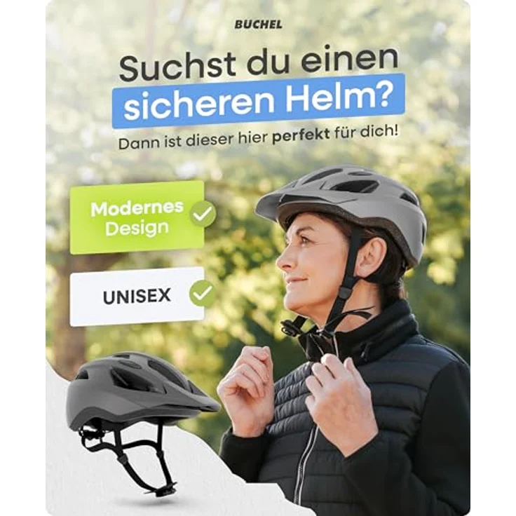 BÜCHEL Fahrradhelm mit In-Mould-Technologie, Cam Lock, Kinnpolsterung & Fliegennetz, Grau Matt, Größe L (58-61 cm) – Bild 2