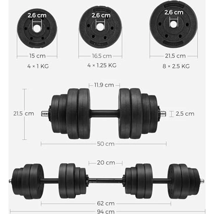 SONGMICS verstellbares Kunststoff Hantelset mit Verbindungsstahlrohr, 2 x 15 kg, rutschfeste Griffe, 35 x 14 cm - Preisvergleich – Bild 4
