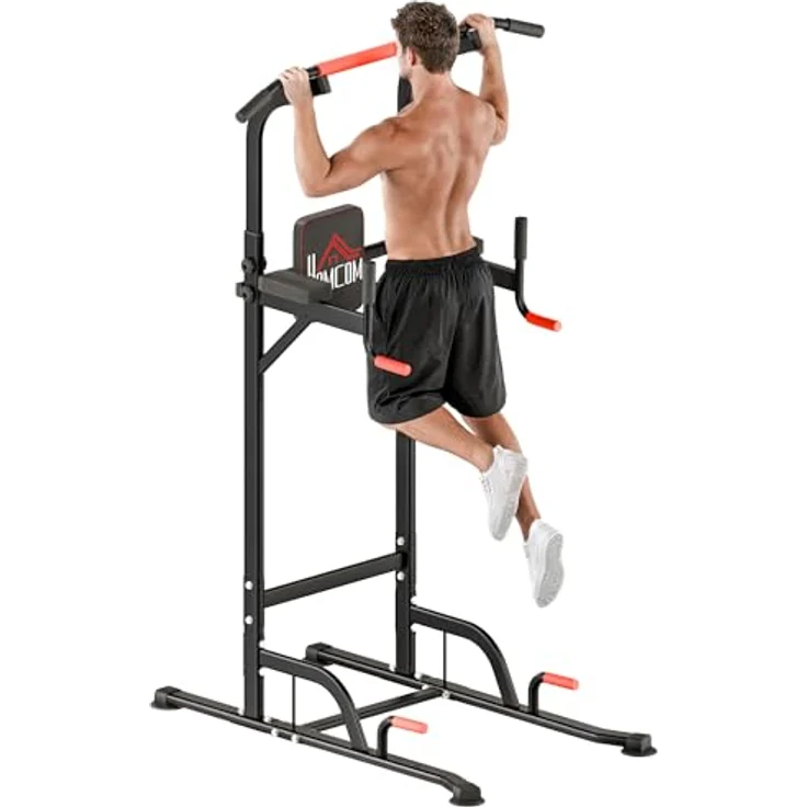HOMCOM Power Tower, höhenverstellbare Dip Station mit Klimmzugstange und 4 Saugnäpfen, Schwarz-Rot, max. 120 kg belastbar – Bild 1