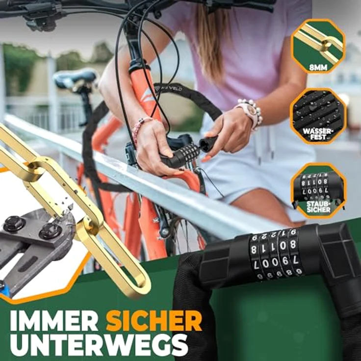 MIVELO Fahrradschloss Kettenschloss 100cm, 8mm gehärteter Stahl, Zahlenschloss mit 100.000 Kombinationen, hohe Sicherheit für E-Bike, MTB & Rennrad – Bild 2