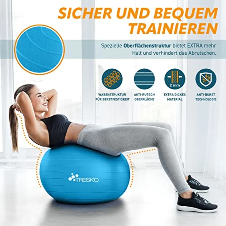 TRESKO Gymnastikball mit GRATIS Übungsposter inkl. Luftpumpe - Yogaball BPA-Frei | Sitzball Büro | Anti-Burst | 300 kg,Blau,85cm (für Körpergröße über 185cm) – Bild 4