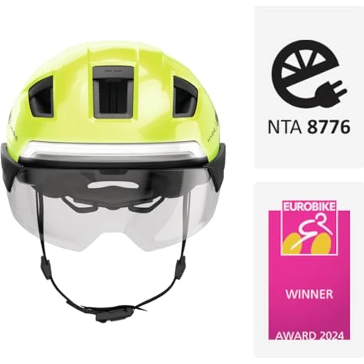 ABUS HYP-E B.LACE Fahrradhelm, mit Front-, Rück- und Blinklicht, kabellosem Bremslicht, Visier und Ohrenschützern, Größe L, Signal Gelb – Bild 2