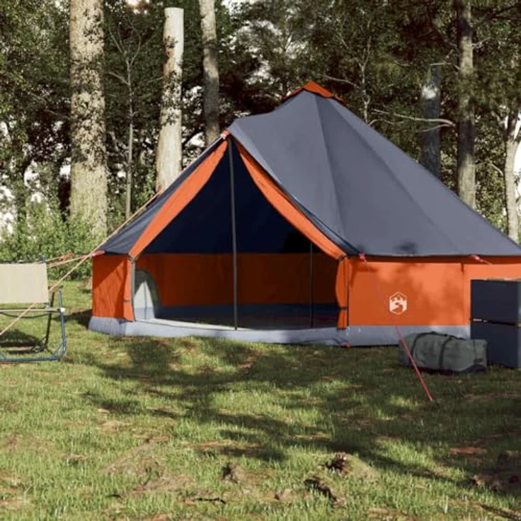 vidaXL Tipi Familienzelt 6 Personen, wasserdichtes Campingzelt mit Netzwänden und E-Anschluss, grau orange, 185T Polyester – Bild 3