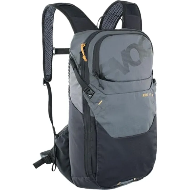 EVOC RIDE 12 Protektor Fahrradrucksack, Trekkingrucksack mit AIR-PAD-Rückenpolsterung, Helmhalterung und cleverem Taschenmanagement, Carbon Grau / Schwarz