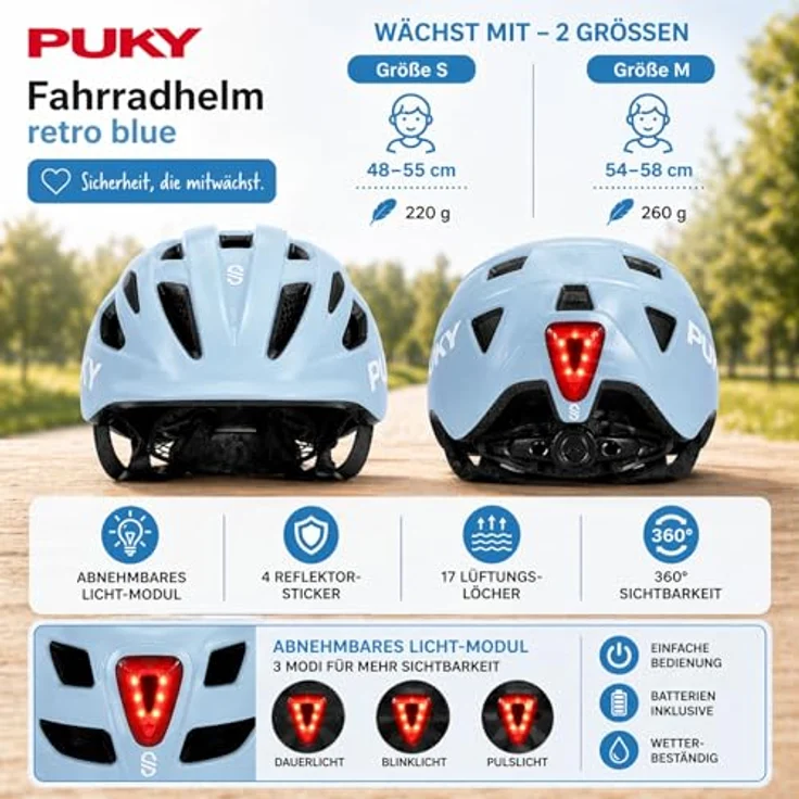 Kinderhaus Blaubär PUKY Fahrradhelm retro blue, Sicherheitshelm mit abnehmbaren Licht-Modul, 17 Lüftungslöchern und optimaler Passform – Bild 5