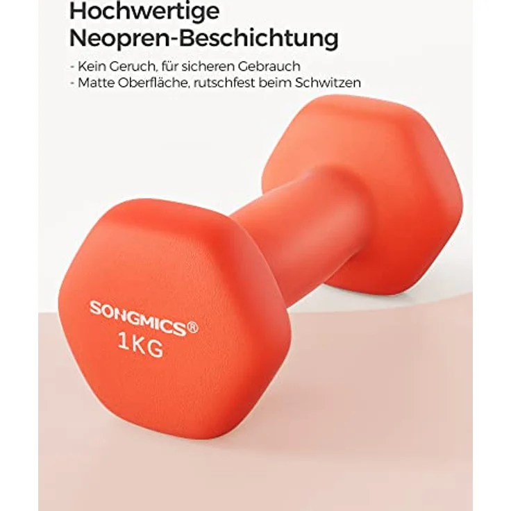 SONGMICS Hanteln, 2er Set, 2 x 1 kg, Hantelset, Kurzhanteln, Hexagon, Neopren-Beschichtung, Krafttraining, Workout, Fitnesstraining, für Zuhause, orange SYL902O01 – Bild 2