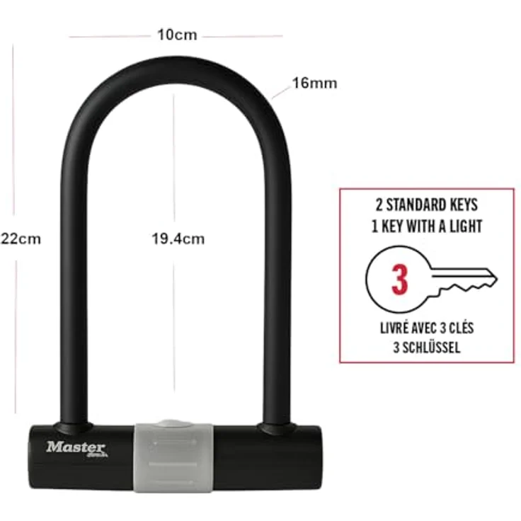 Master Lock 8377EURDPRO, Zertifiziertes hochbeanspruchbares Fahrrad-Bügelschloss mit Universal-Halterung und Schlüsselverriegelung, gehärteter Stahl, 200 x 100 mm – Bild 2