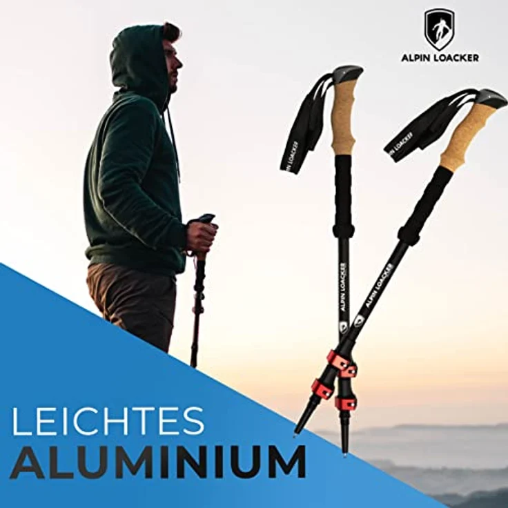 ALPIN LOACKER Teleskop Wanderstöcke Aluminium mit Korkgriff, ultraleichte und bruchsichere Nordic Walking Stöcke, verstellbar von 105 bis 135 cm, inkl. Zubehör und tragbarer Tasche, rot – Bild 2
