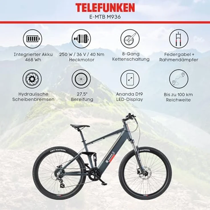 TELEFUNKEN E-Bike Mountainbike Elektrofahrrad Alu, 8 Gang Shimano Kettenschaltung - Pedelec MTB 27,5 Zoll, Hinterradmotor, 250W, Hydr. Scheibenbremsen, Grau – Bild 5
