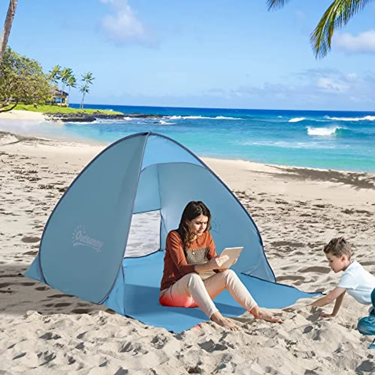 Outsunny Strandmuschel Pop Up Zelt, automatische Strandmuschel für 2-3 Personen, stabil und transportabel, blau 200 x 150 x 119 cm – Bild 2