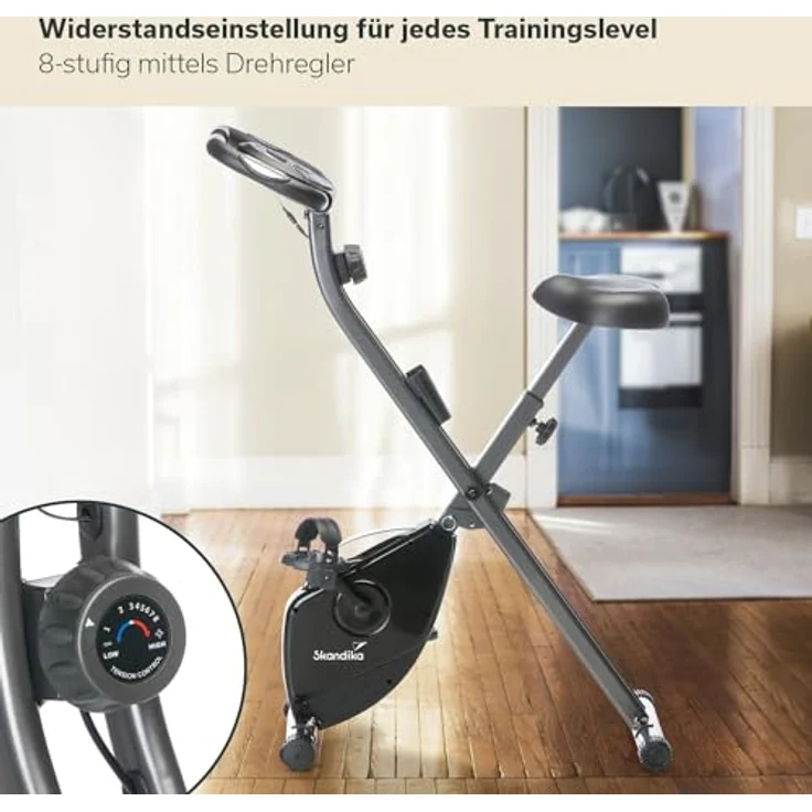 Skandika Foldaway X-1000 Fitnessbike Heimtrainer x-Bike klappbar mit Handpuls-Sensoren, 8-stufiger Magnetwiderstand, LCD Display, 130 Kg max. Gewichtsbelastung (schwarz) – Bild 5