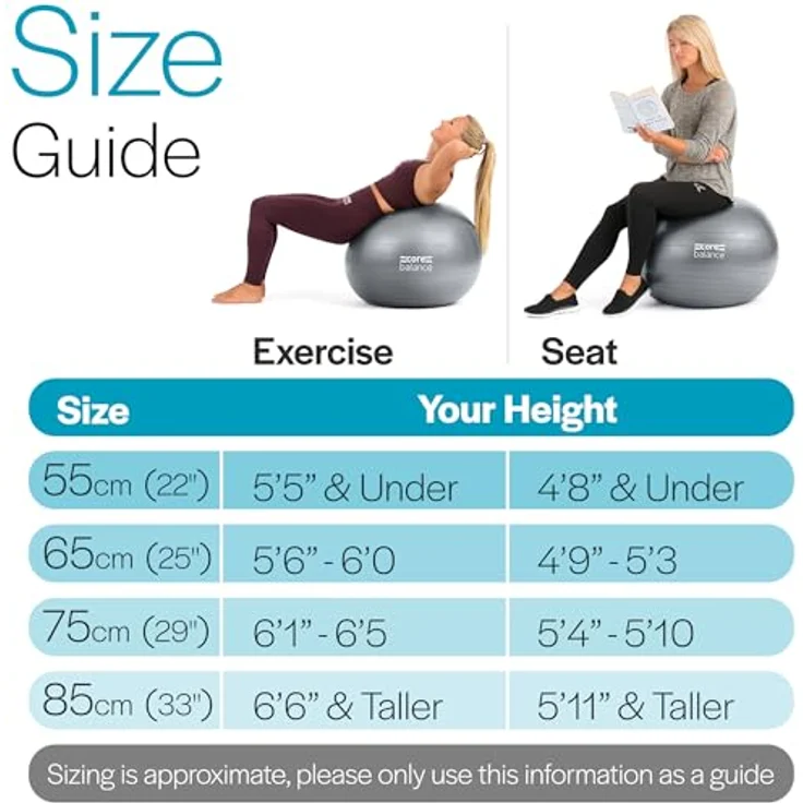 Core Balance, berstsicherer Gymnastikball - für Fitness Yoga Schwangerschaft - 55cm 65cm 75cm 85cm - inkl. Luftpumpe – Bild 5