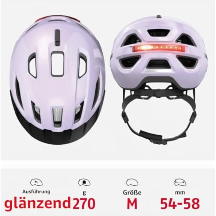 ABUS Urban-I 4.0, Cityhelm mit aufladbarem Rücklicht, 2 Leuchtmodi, Zopf-Öffnung, Größe M, lila – Bild 3