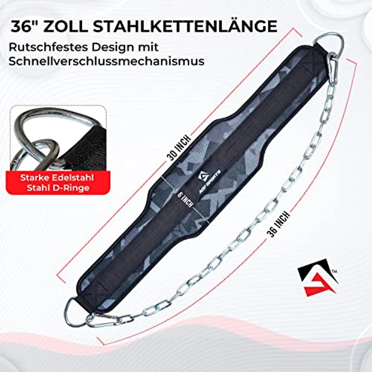 AQF Dip Gürtel Mit Stahlkette, Neopren Fitness Gewichthebergürtel, Gewichtsgürtel, Bodybuilding Dip Belt, Dipgürtel Kraftraining Gürtel Dips Herren Damen (Graues Camo) – Bild 3