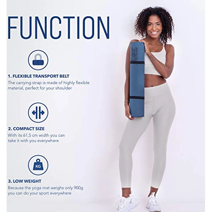 RE:SPORT Yogamatte Phthalatfrei - Gymnastikmatte rutschfest, Fitnessmatte schadstofffrei, Trainingsmatte mit Tragegurt 183 x 61 x 0,6 cm, Navy-Blau / Schwarz – Bild 4