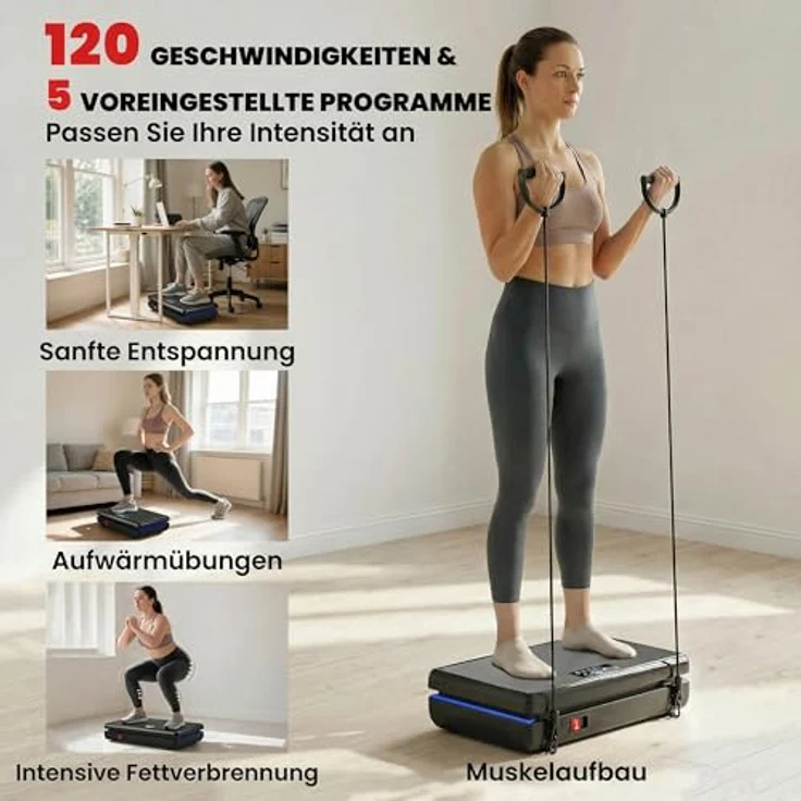 SPORTNOW Vibrationsplatte Rüttelplatte mit 120 Intensitätsstufen, 5 Vorprogrammen und Widerstandsbändern, schwarz – Bild 4