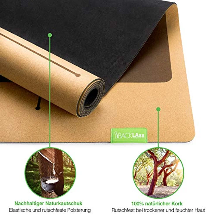 BACKLAxx® Yogamatte Kork mit Naturkautschuk - Yoga Matte nachhaltig, schadstofffrei, Yogamatte rutschfest, Fitnessmatte mit Anti-Rutsch-Zonen inkl. Tragegurt, Turnmatte für Yoga und Matte Sport – Bild 4