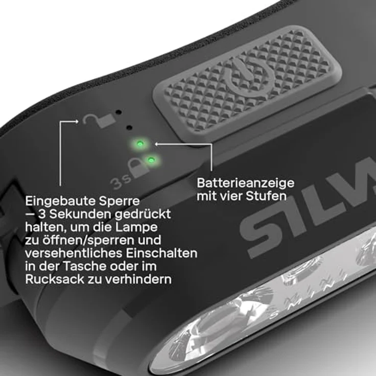 Silva Stirnlampe LED Wiederaufladbar USB C - Smini Fly - 38 Gramm - 250 Lumen - Weiß & Rot LED Stirnlampe - Batterieanzeige - Kopflampe Aufladbar – Bild 3