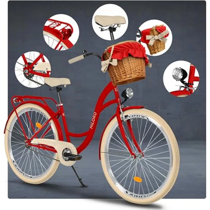 Milordbikes City-Fahrrad 46 cm, rot, Metall, mit Aluminiumfelgen und hinterem Träger für Freizeit und Fitness – Bild 7