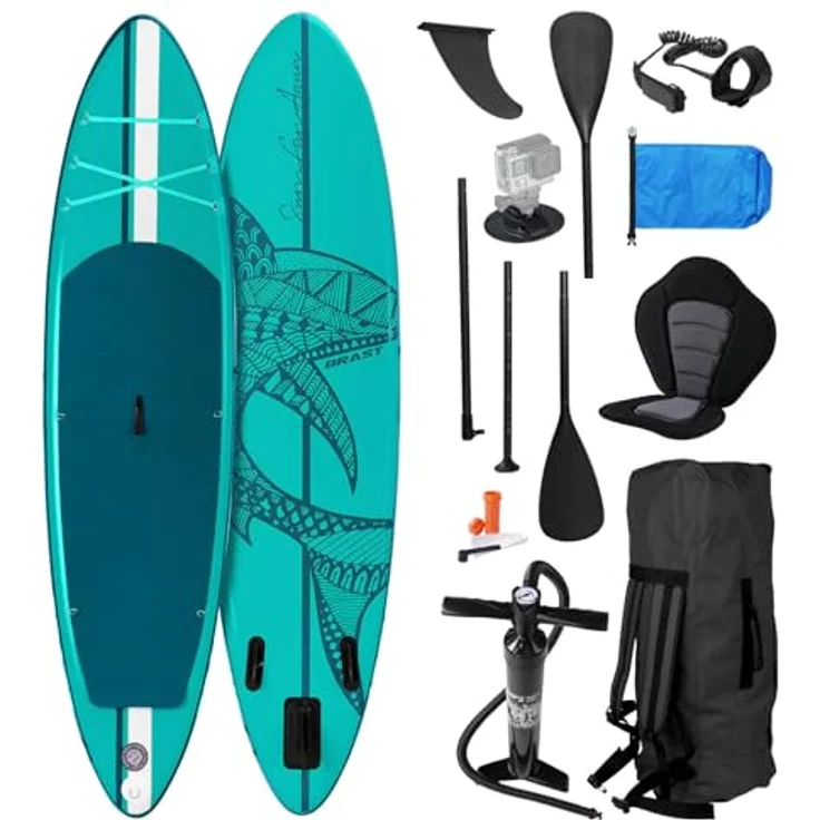 BRAST SUP Board Shark, Aufblasbares Stand up Paddle Set 320x81x15cm, 200 kg Tragkraft, inkl. Kajaksitz, 2in1 Paddel, Action-Cam-Halterung, 5 Jahre Garantie, 8 Designs – Bild 1