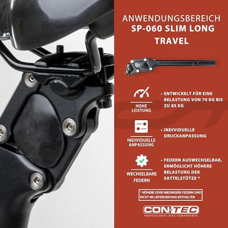 CONTEC Federsattelstütze SP-060 Slim, Parallelogramm, Ø 27,2 mm, 350 mm Länge, 36 mm Federweg, Aluminium, Schwarz für MTB und Tourenfahrrad – Bild 5