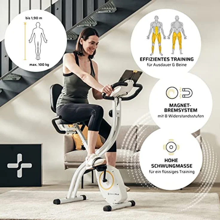 SportPlus X-Bike Heimtrainer klappbar für zuhause mit Rückenlehne, 8 Stufen, Display mit Smartphone- & Tablethalterung, mit App-Kompatibilität bis 100 kg belastbar – Bild 3