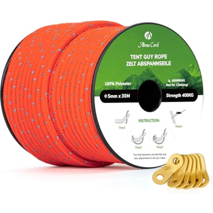 Abma Cord Zelt-Abspannseile mit 6 Seilspannern, 30m lang, 5mm Durchmesser, reflektierend, neon orange, hohe Abriebsfestigkeit, 400 kg Bruchlast – Bild 1