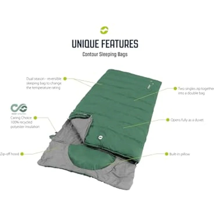 Outwell Contour Midnight Black, Kunstfaserschlafsack (220 cm) mit integriertem Kissen, Reißverschluss und recycelter Füllung für 2 Jahreszeiten – Bild 6