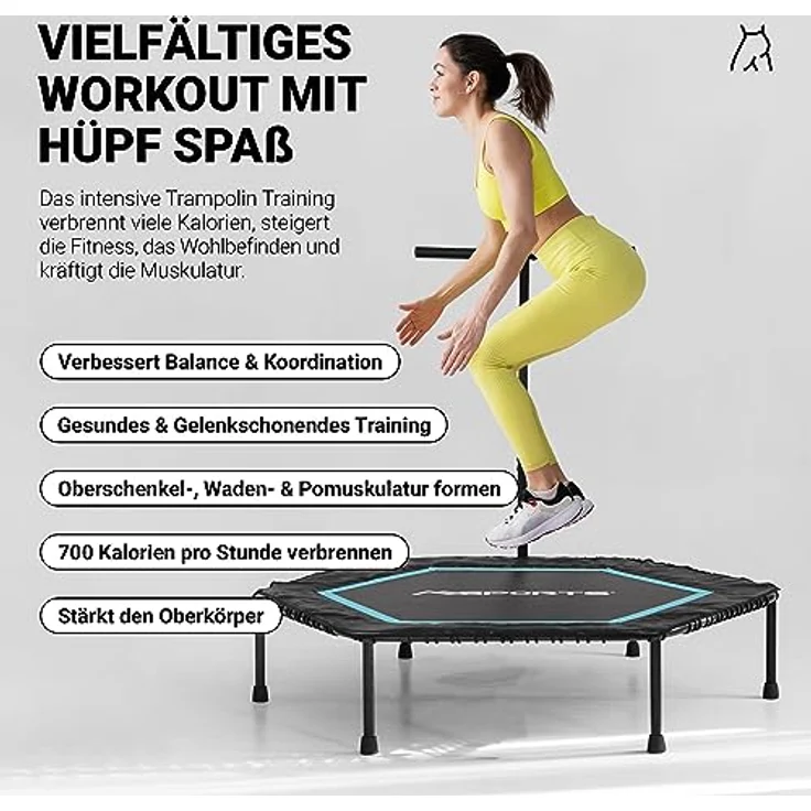 Fitness Trampolin Premium mit Klappfunktion und Haltestange für Indoor und Outdoor | mit Höhenverstellung 150 kg Belastbarkeit | Fitnessstudio oder zu Hause (Blau) – Bild 5