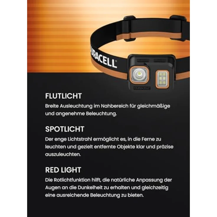 Duracell LED Stirnlampe DH500R Core, 500 Lumen, fokussierbar, 40 m Leuchtweite, Rotlichtfunktion, USB-C wiederaufladbar, spritzwassergeschützt – Bild 3