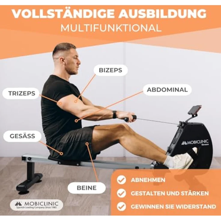 Mobiclinic® RowFit Rudergerät, 8 Widerstandsstufen, geräuschlos, LCD-Monitor, Handy-Ständer, Bis zu 120 kg, 6kg Schwungrad, Home Gym – Bild 4