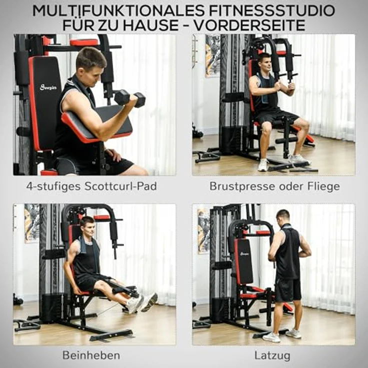 SPORTNOW Kraftstation, Multifunktionale Fitnessstation mit Butterfly- & Latzugstange, Curler, Brustpresse, Sit-Up-Bank, 65 kg Gewichtsblöcken, Schwarz – Bild 3