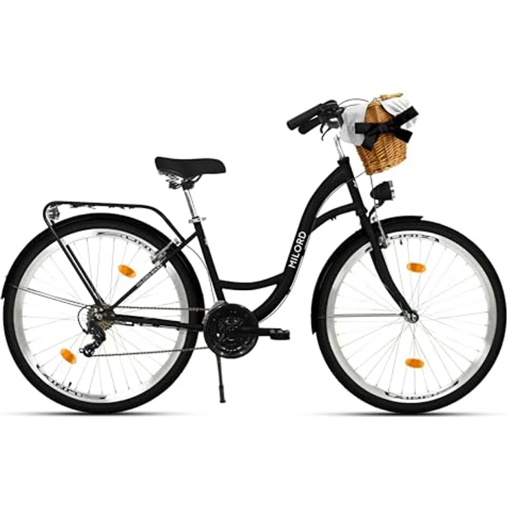 Milord Damenfahrrad Citybike Komfort, 28 Zoll, 21-Gang, mit Weidenkorb, Schwarz – Bild 2