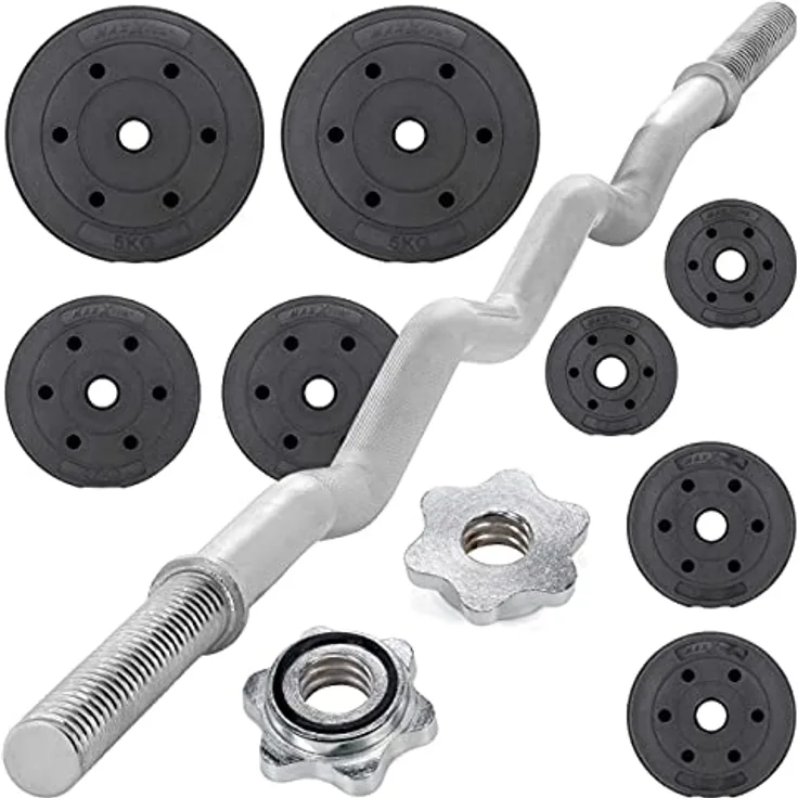 MAXXIVA Curl-Set 120 cm 23.5 kg 8 Gewichte Krafttraining Zugstange silber verchromt Bodybuilding Fitness Federverschlüsse Gewichtheben