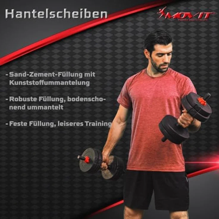 MOVIT 6in1 Hantelset 30 kg rot, Profi Hantel Set mit 2 Kurzhanteln, Kettlebell, Liegestützgriffen und verstellbaren Langhanteln – Bild 8