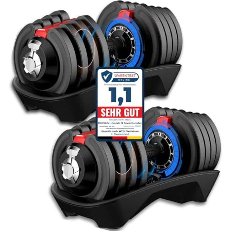 DH FitLife 2 x 18kg verstellbare Hanteln 1,5 bis 18 KG mit 12 Gewichtsstufen, Kurzhanteln mit Hantelscheiben, 2er Set, ergonomischer Anti-Rutsch-Handgriff, verriegelbares Ablagegestell, wasserdicht beschichtete Gewichtsscheiben, Hamburgischer Vertreiber – Bild 1