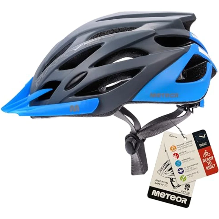 Meteor Marven Fahrradhelm, MTB und Rollerhelm, L 58-61 cm, Schwarz Blau, mit 23 Belüftungsöffnungen und FIT SIZE-System – Bild 1