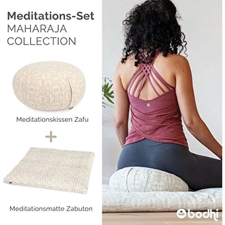 Bodhi Meditations-Set | Maharaja Collection | Meditationsmatte (Zabuton) & Meditationskissen Zafu mit Dinkelfüllung | Bezug aus Baumwolle | Unterlage zur Meditation (Lotus/Berry) – Bild 4