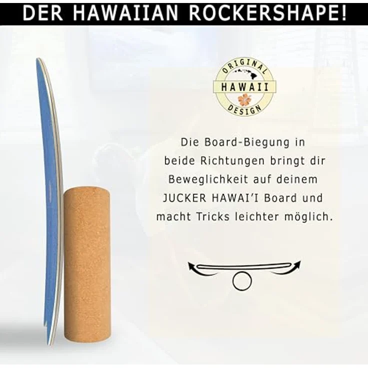 JUCKER HAWAII Balanceboard Ocean Rocker Blue - Geschwungenes Indoor Surf Balance Board mit Rocker Shape - Balanceboard und Trickboard mit Korkrolle und Matte – Bild 2