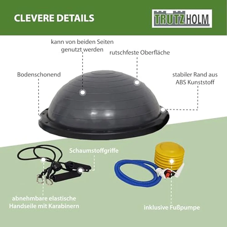 TRUTZHOLM Gymnastik Balance Ball, Balancetrainer ø 60cm in Grau mit Handgriffen und Luftpumpe, 158 kg max. Benutzergewicht – Bild 5