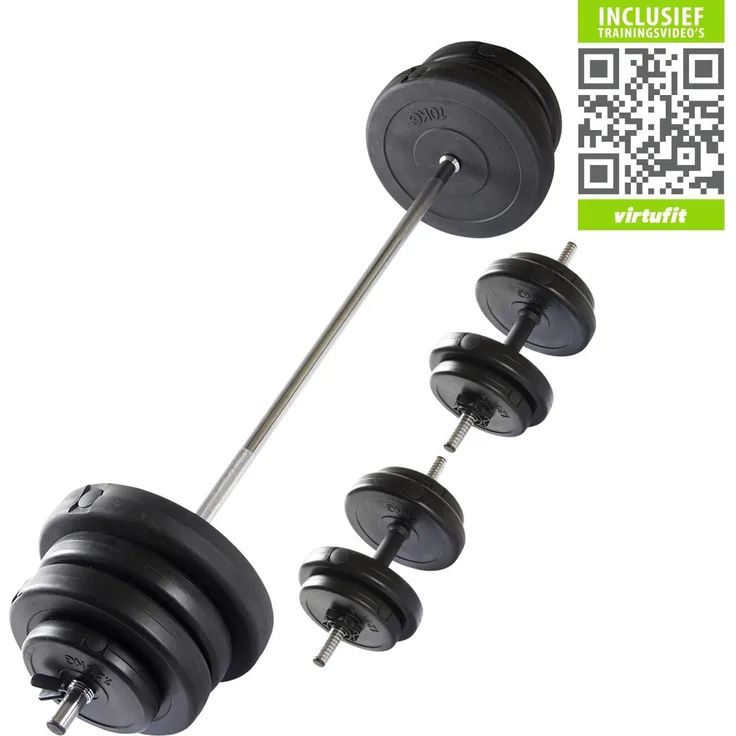 VirtuFit 60,5kg Hantelset verstellbar, Langhantel und Kurzhanteln mit robusten Hantelscheiben, Schwarz