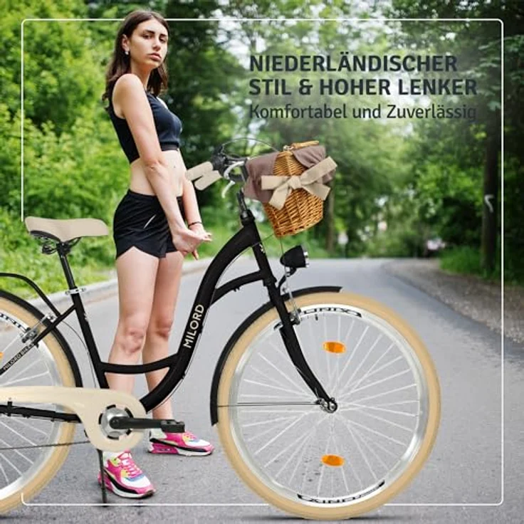 Milordbikes City-Fahrrad, Schwarz und Creme, 46 cm, Aluminiumfelgen, 700C x 35 mm City-Reifen, Freizeitrad mit hinterem Träger – Bild 4