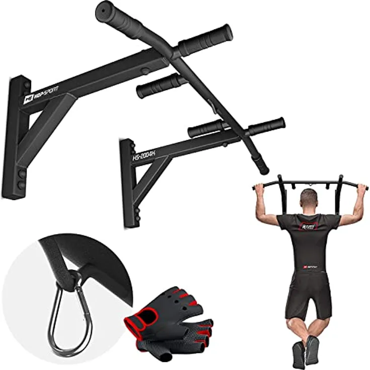 Hop-Sport Multigriff Klimmzugstange für Wandmontage HS-2004K – Profi Fitness Pull Up Bar mit 6 rutschfesten Griffen und Halterung für Boxsack/TRX, pulverbeschichteter Stahl, schwarz